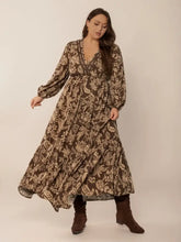 Plus Size Printed V-Neck Balloon Sleeve Maxi Dress Camel Maxi Dresses