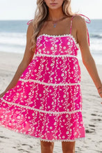 Floral Print Ric Rac Patched Sleeveless Mini Dress Hot Pink Casual Dresses