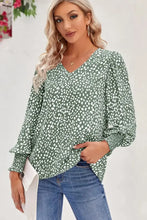 Printed V-Neck Smocked Lantern Sleeve Blouse Sage Woman Blouses