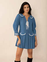 Tie Front Pleated Three-Quarter Sleeve Mini Dress Sky Blue Casual Dresses