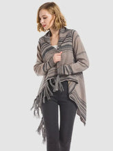 Angel Wings Tassel Striped Open Front Long Sleeve Cardigan Dark Gray Woman Outerwear