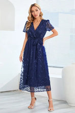 Sequin Leaf Embroidery Tie Front Short Sleeve Dress Cocktail Dress