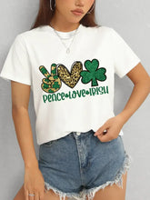 Women’s white short sleeve Peace Love Irish t-shirt with shamrock peace sign