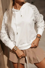 Drawstring Openwork Long Sleeve Hoodie White Woman Sweatshirts