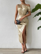 Honey Slit One Shoulder Short Sleeve Midi Dress Cocktail Dress