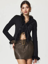 Tied Fuzzy Trim Long Sleeve Knit Cardigan Woman Outerwear