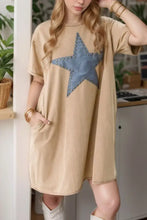 Mineral Wash Stud Beaded Star Pocketed T Shirt Dress Khaki Casual Dresses
