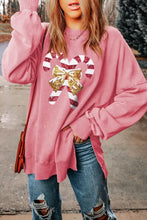 Sequin Candy Cane Round Neck Slit Sweatshirt Woman Sweatshirts