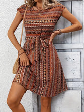Printed Round Neck Cap Sleeve Dress Caramel Casual Dresses