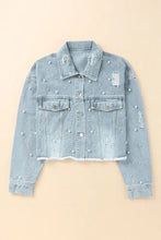 Distressed Pearl Trim Button Up Denim Jacket Woman Outerwear