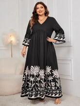 Honey Plus Size Printed V-Neck Long Sleeve Maxi Dress Black Woman Maxi Dress