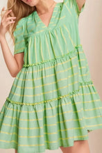 Stripe V Neck Short Sleeve Frilled Detail Dress Woman Casual Dress