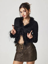 Tied Fuzzy Trim Long Sleeve Knit Cardigan Woman Outerwear