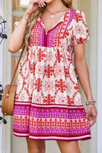 Boho Floral Short Sleeve Tie Neck Mini Dress Woman Casual Dress