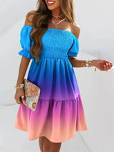 Off Shoulder Smocked Summer Dress Blue Tie Dye Woman Casual Dress