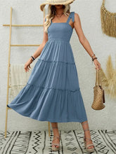 Smocked Tiered Midi Dress with Tie Straps Casual Dresses