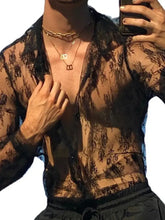 Men's Full Size Lace Long Sleeve Sheer Shirt Plus Size Mens Tops