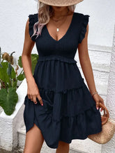 Ruffled V-Neck Cap Sleeve Dress Dark Blue Casual Dresses