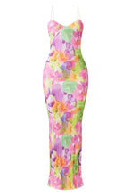 Multicolored floral print maxi dress with spaghetti straps and pleated skirt