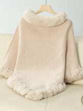 Fuzzy Trim Texture Three-Quarter Sleeve Poncho Woman Outerwear