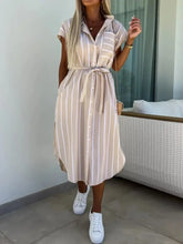 Striped Tie Waist Short Sleeve Dress Apricot Casual Dresses