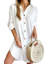 Button Down Long Sleeve Shirt Dress White Woman Casual Dress