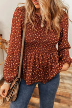 Floral Smocked Ruffle Hem Long Sleeve Blouse Brick Red Woman Blouses