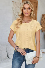 Eyelet Round Neck Rolled Short Sleeve T-Shirt Light Yellow Woman T Shirts