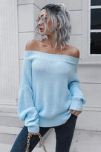 Off-Shoulder Ribbed Long Sleeve Pullover Sweater Light Blue Sweater Pullovers