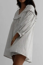 Frill Plaid Notched Balloon Sleeve Mini Dress Woman Casual Dress