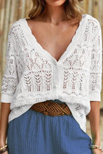 Openwork V-Neck Half Sleeve Cardigan White Woman Outerwear