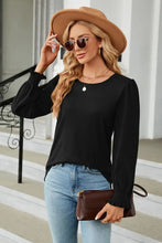 Round Neck Smocked Flounce Sleeve Blouse Black Woman Blouses
