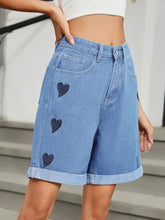 Heart-Pattern Rolled Hem Denim Shorts Denim Shorts