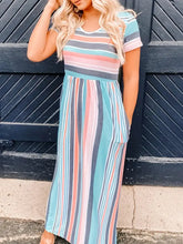 Full Size Striped Round Neck Short Sleeve Dress Stripe Woman Maxi Dress