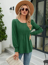Smocked Round Neck Lantern Sleeve Blouse Green Woman Blouses