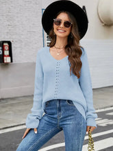 Openwork Dropped Shoulder Long Sleeve Sweater Sky Blue Sweater Pullovers