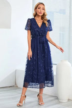 Sequin Leaf Embroidery Tie Front Short Sleeve Dress Cocktail Dress