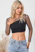 Pearl Long Sleeve Mesh Cropped Top Woman Blouses