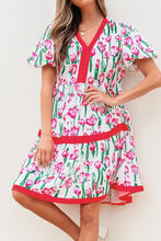 Floral Print Contrast Trim V Neck Bubble Short Sleeve Babydoll Dress Strawberry Casual Dresses