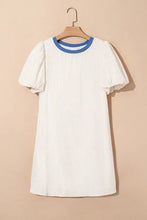 Stripe Seersucker Contrast Round Neck Puff Sleeve T Shirt Dress Woman Casual Dress