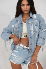 Sequin Fringe Trim Distressed Button Up Denim Jacket Woman Outerwear
