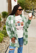 Simply Love coffee graphic short sleeve T-shirt with green white buffalo check cardigan