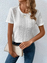 Eyelet Round Neck Short Sleeve T-Shirt Woman T Shirts
