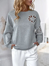 Perfee Cutout Pearl Round Neck Long Sleeve Sweatshirt Gray Woman Sweatshirts