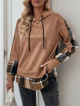 Perfee Drawstring Slit Plaid Long Sleeve Hoodie Camel Woman Sweatshirts