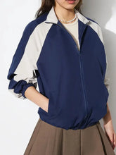 Contrast Zip Up Collared Neck Long Sleeve Jacket Woman Outerwear