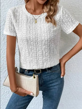 Eyelet Round Neck Short Sleeve T-Shirt White Woman T Shirts