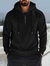 Men's Full Size Quarter Zip Long Sleeve Drawstring Hoodie Plus Size Black Mens Tops