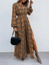 Slit Plaid Tie Neck Long Sleeve Maxi Dress Camel Woman Maxi Dress