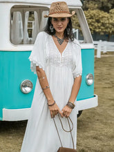 Lace Detail Eyelet V-Neck Half Sleeve Dress Woman Maxi Dress